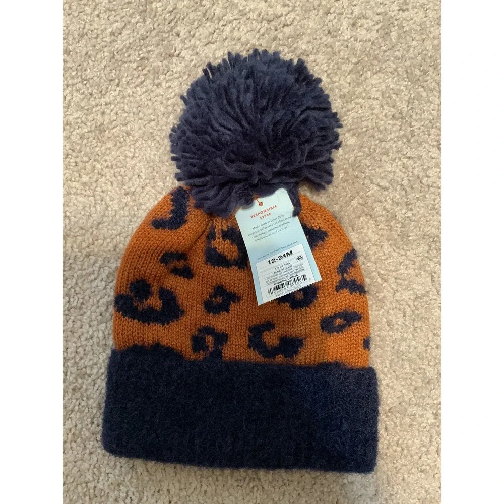 Cat & Jack Infant Boys Animal Print Winter Beanie Hat Ball‎ Size 12-24M